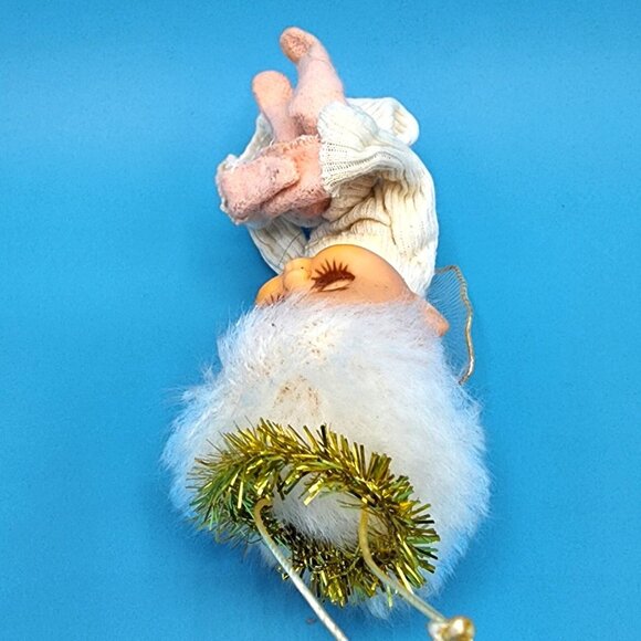 Vintage 1950s Shabby Pixie Angel Ornament Felt Knee Hugger Tinsel Sleepy Eyes - Picture 9 of 9